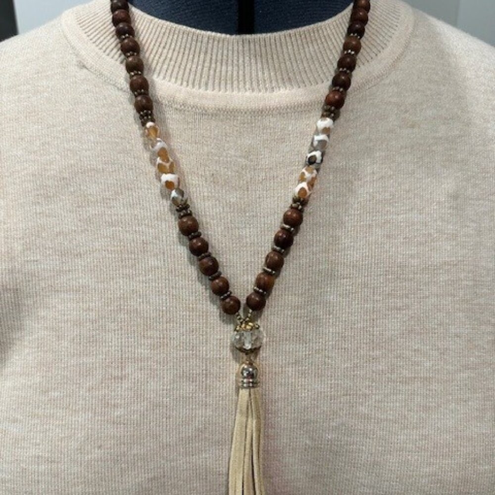 Wooden Beaded Necklace with leather tassel